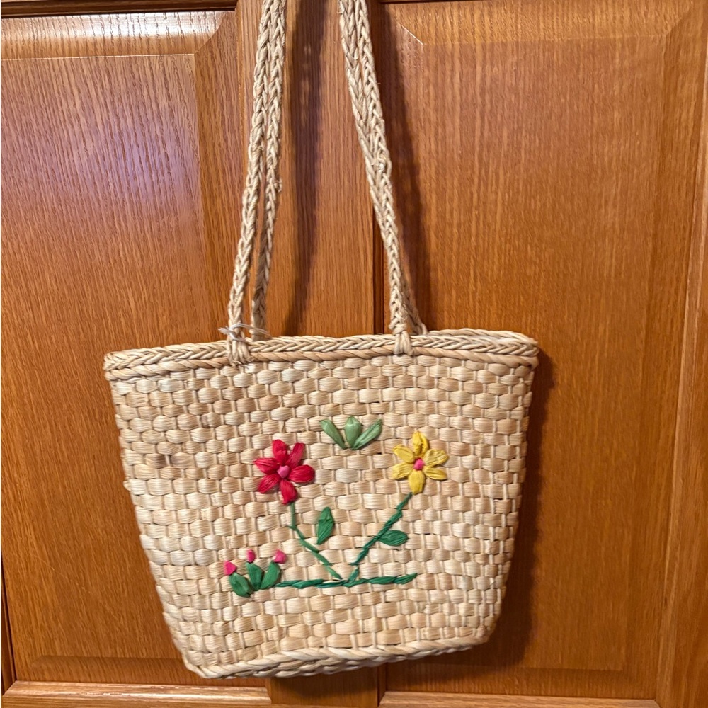Handwoven Floral Straw Tote Bag